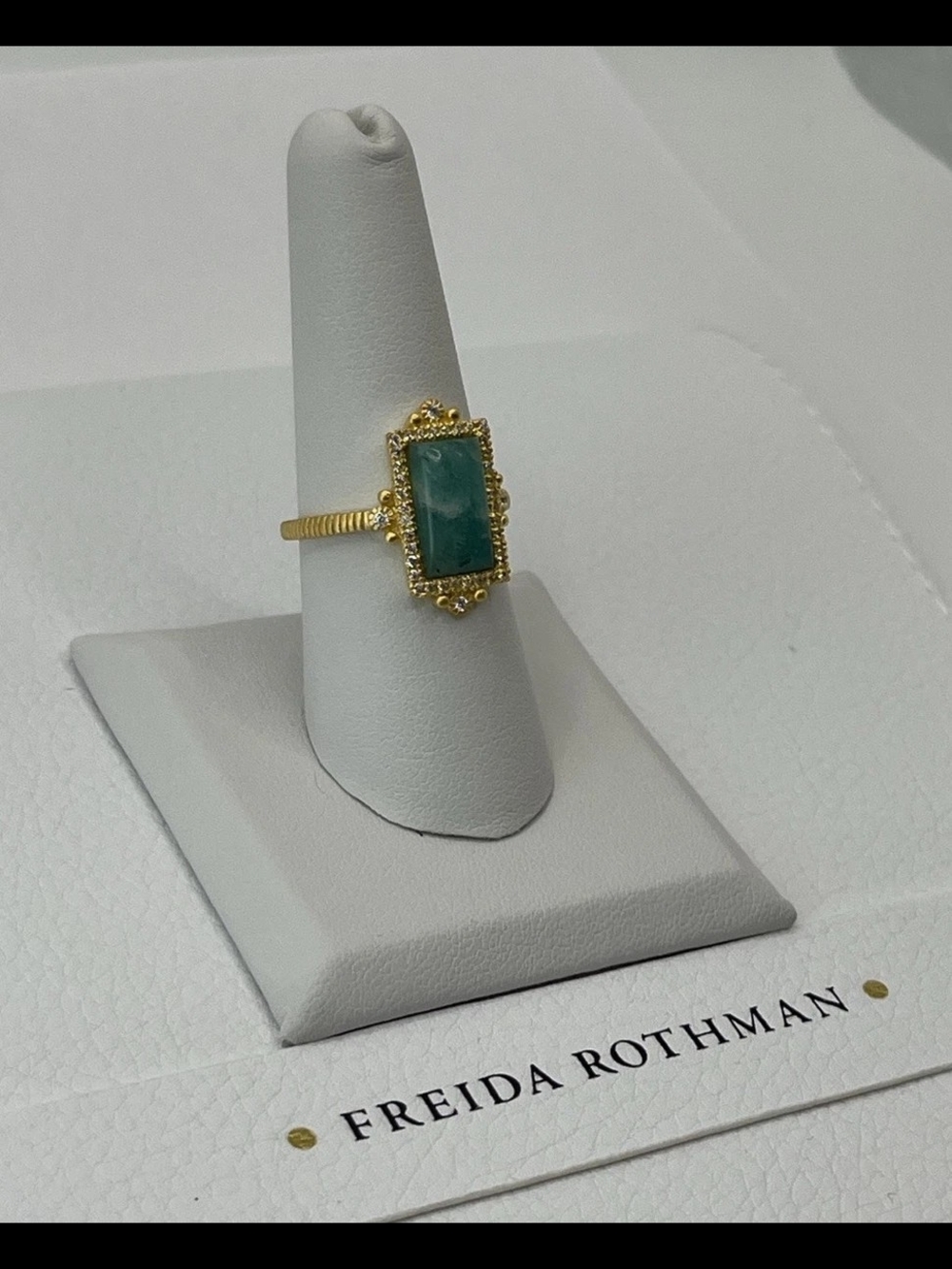 Freida Rothman Gold Ring with Emerald Green Rectangular Stone - Picture 2 of 4